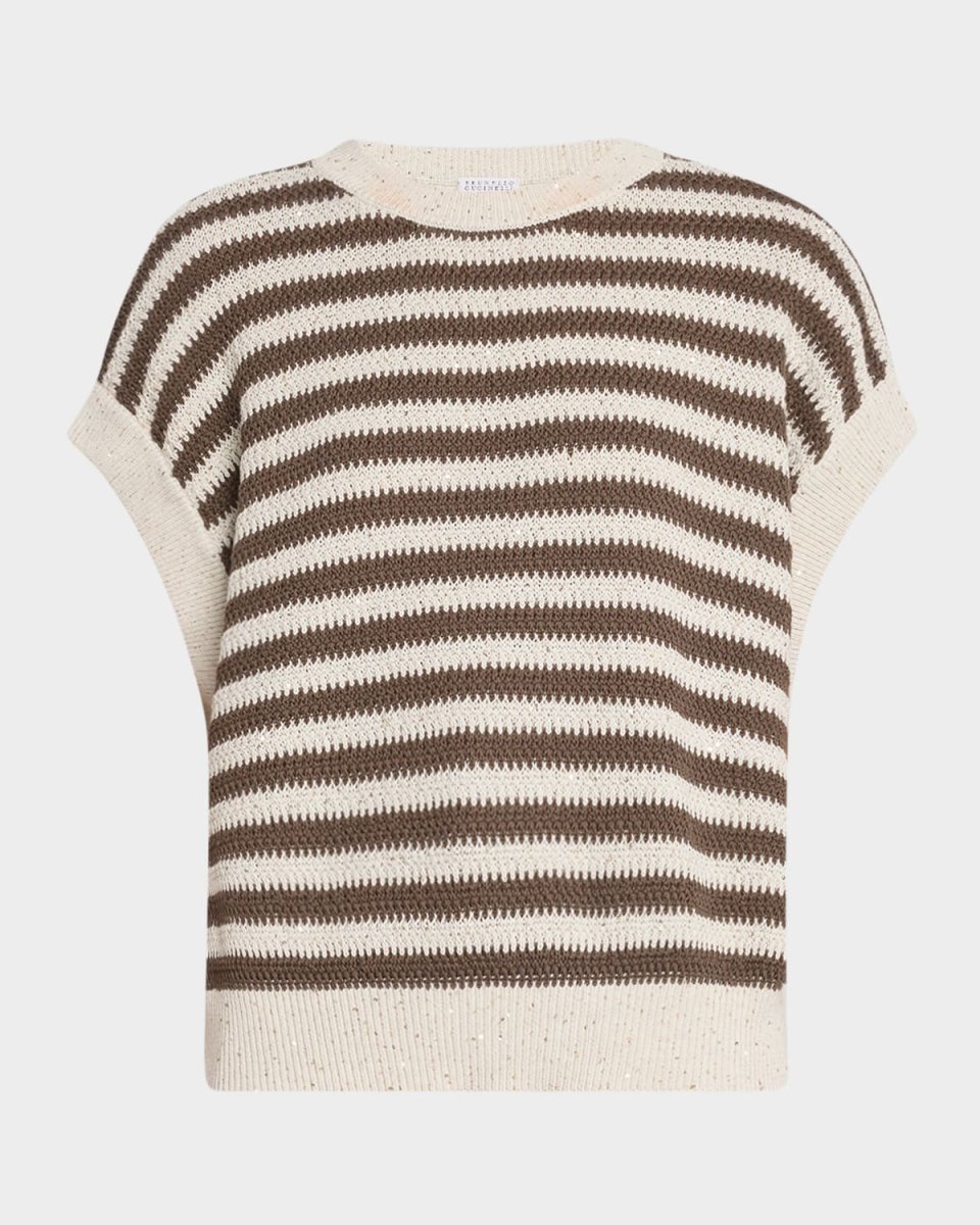 Striped Cap-Sleeve Paillette Knit Sweater